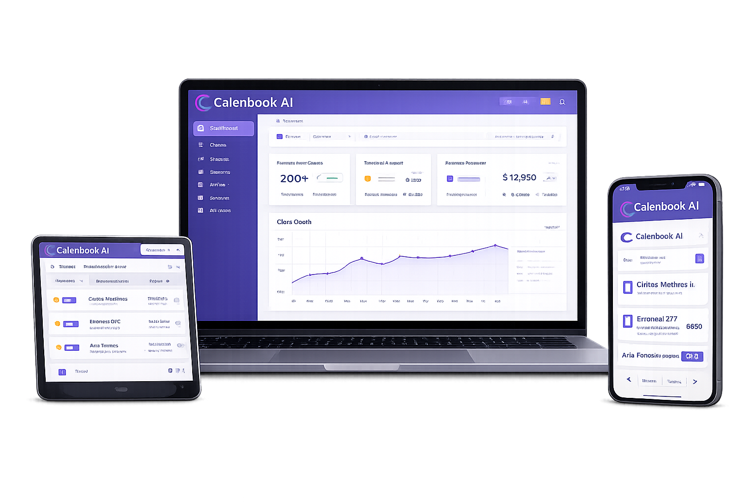 Calenbook AI dashboard en laptop, tablet y movil