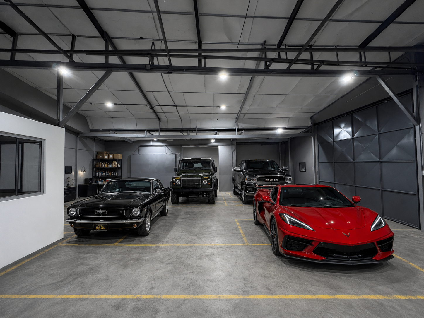 AI-generated visualization of collector cars in a spacious, illuminated indoor warehouse