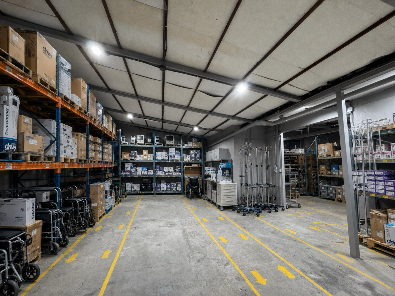 AI-generated visualization of medical equipment and mobility devices organized on warehouse racks