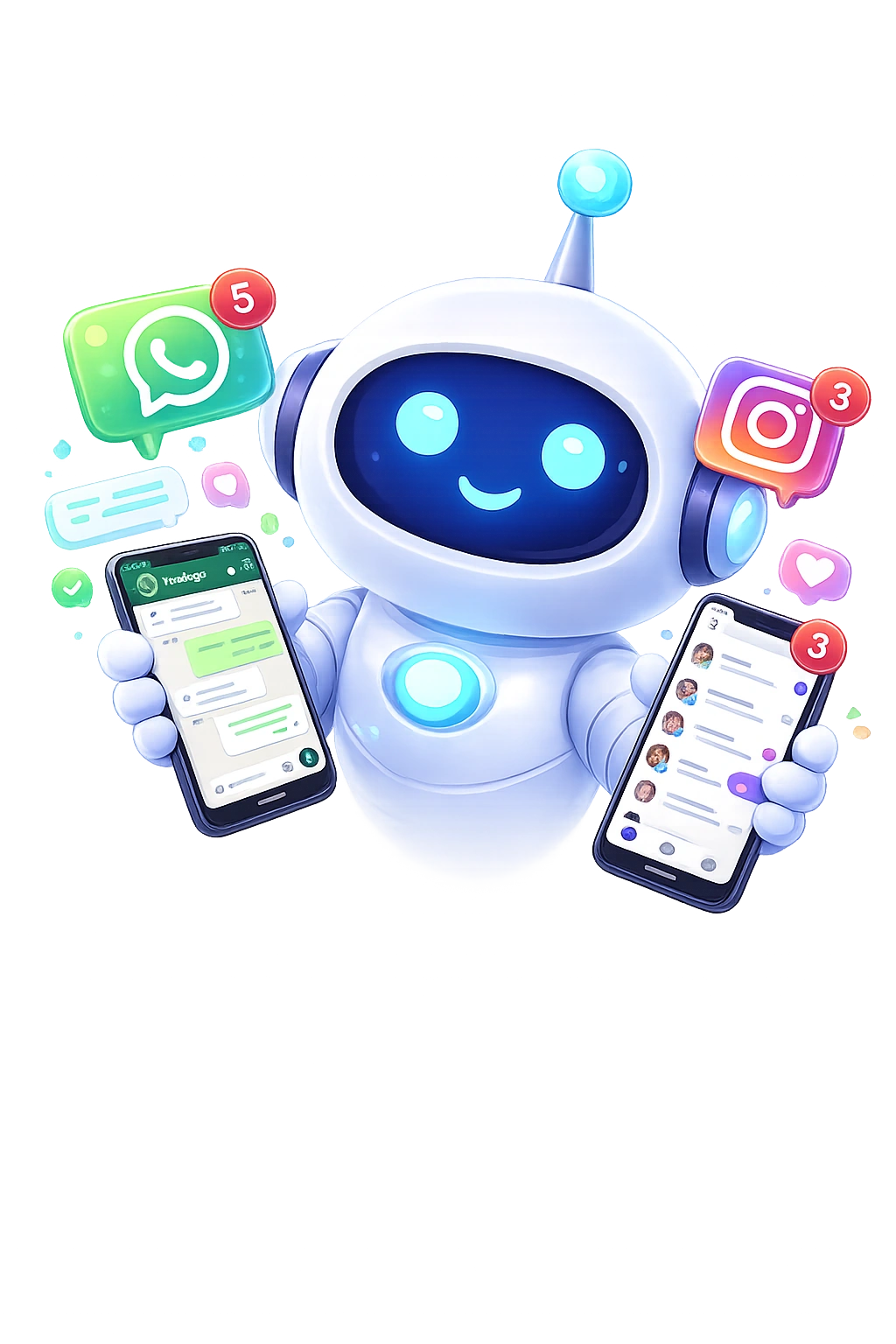 Caly with phones and WhatsApp and Instagram icons